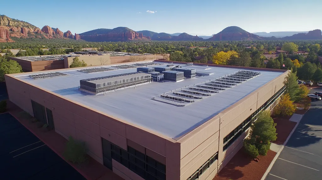 A commercial roof on a data center in a location similar to Sedona with an urban context aesthetic (AI image)