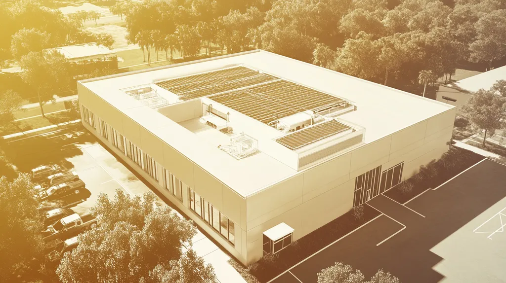A commercial roof on a data center in a location similar to Tampa with an architectural sketch rendering aesthetic (AI image)