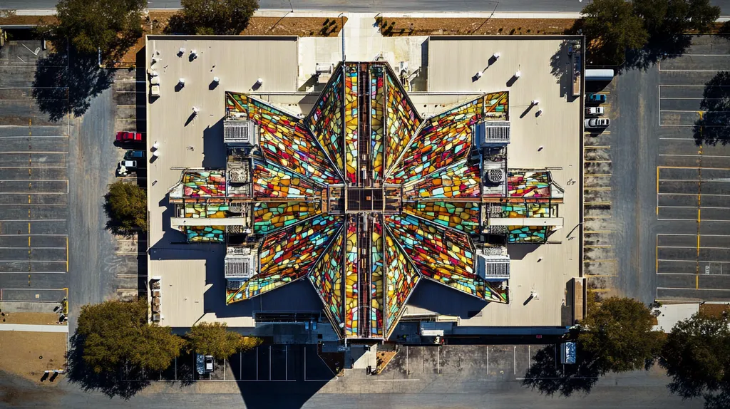 A commercial roof on a distribution center in a location similar to Charleston with a stained glass style aesthetic (AI image)