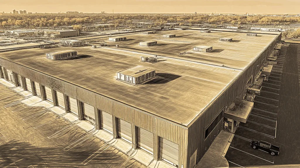 A commercial roof on a distribution center in a location similar to Chicago with an architectural sketch rendering aesthetic (AI image)