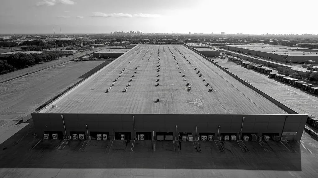 A commercial roof on a distribution center in a location similar to Chicago with a black and white photography aesthetic (AI image)