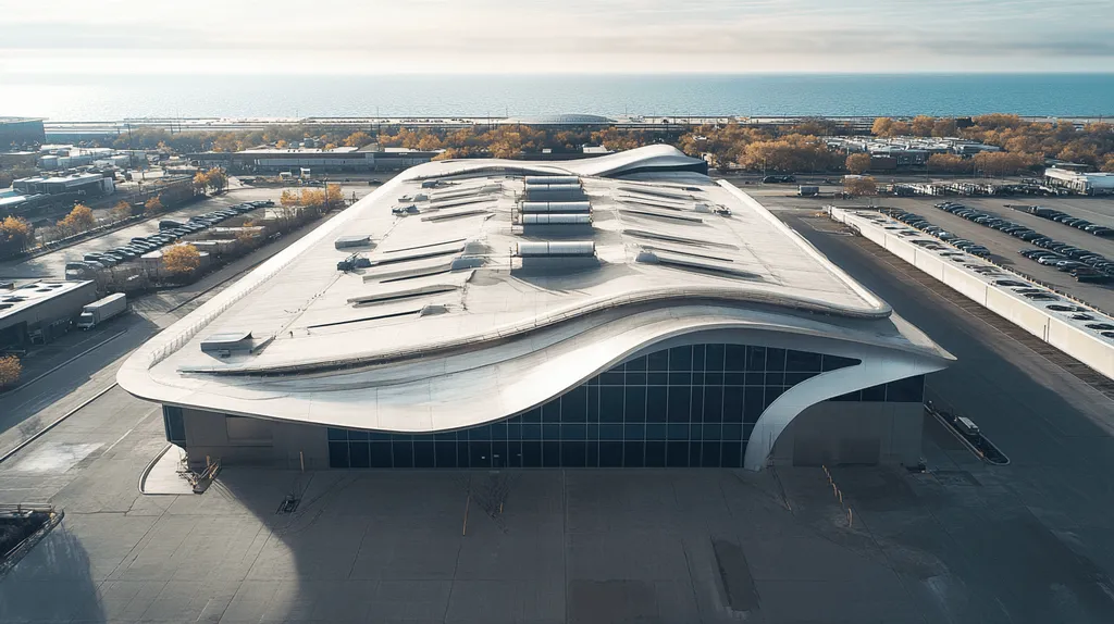 A commercial roof on a distribution center in a location similar to Chicago with a futuristic aesthetic (AI image)