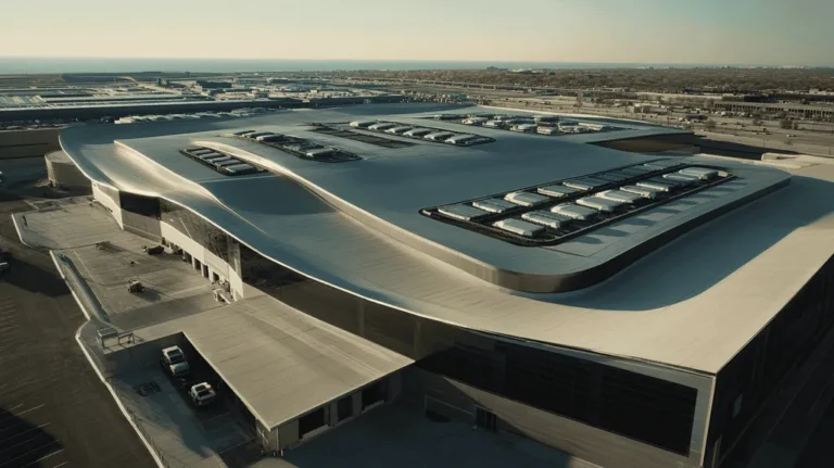 A commercial roof on a distribution center in a location similar to Chicago with a futuristic aesthetic (AI image)