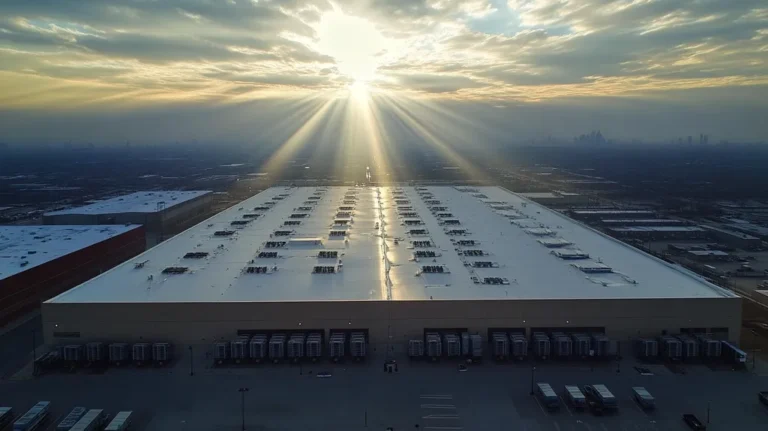 A commercial roof on a distribution center in a location similar to Chicago with a light beams aesthetic (AI image)