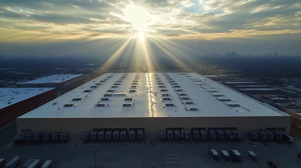 A commercial roof on a distribution center in a location similar to Chicago with a light beams aesthetic (AI image)