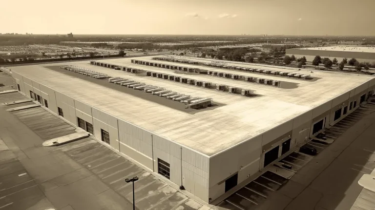 A commercial roof on a distribution center in a location similar to Chicago with a tintype aesthetic (AI image)