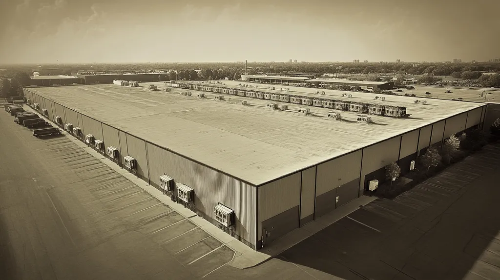 A commercial roof on a distribution center in a location similar to Chicago with a tintype aesthetic (AI image)