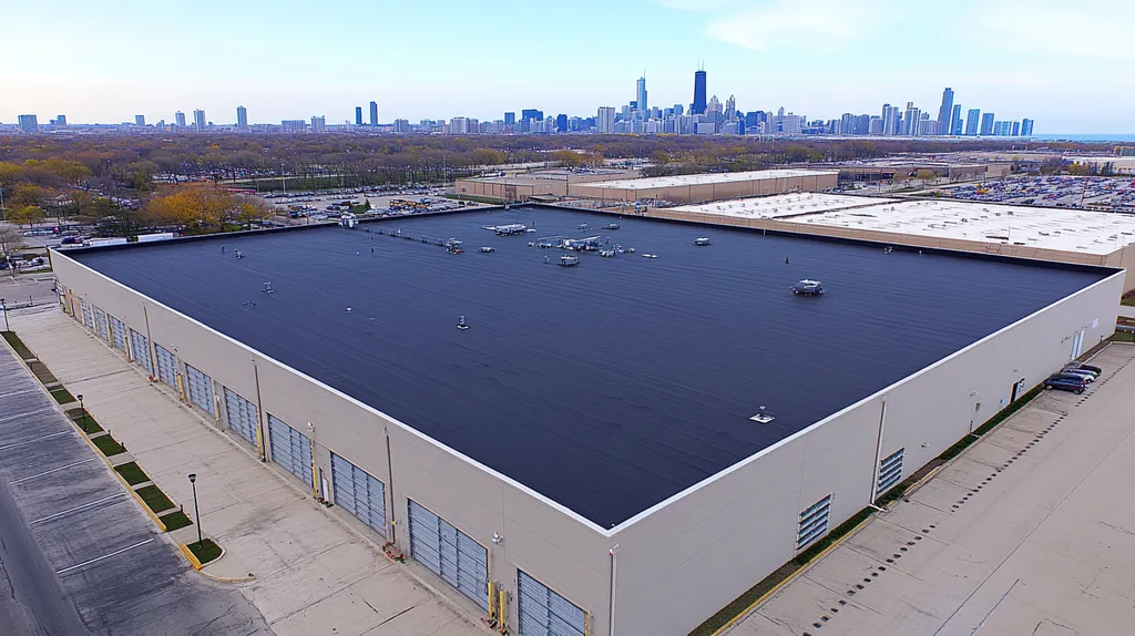 A commercial roof on a distribution center in a location similar to Chicago with an urban context aesthetic (AI image)