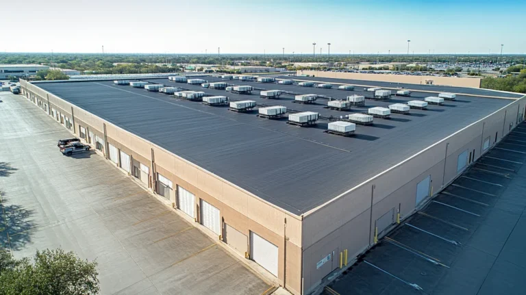 A commercial roof on a distribution center in a location similar to Dallas with a color highlight aesthetic (AI image)