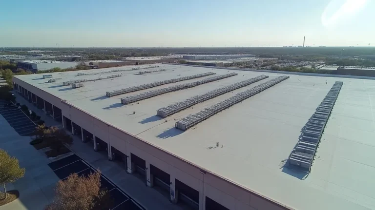 A commercial roof on a distribution center in a location similar to Dallas with a color highlight aesthetic (AI image)