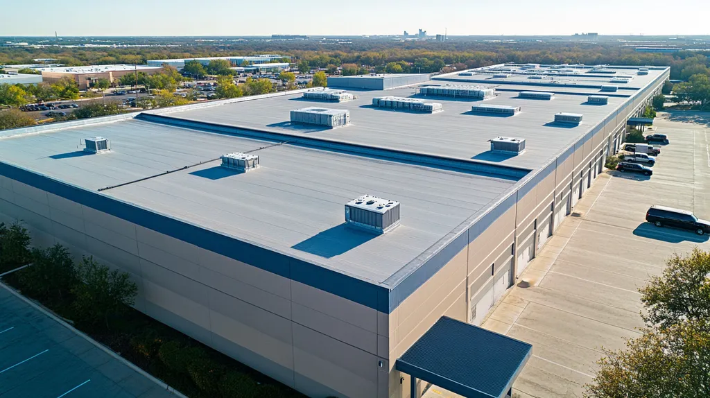 A commercial roof on a distribution center in a location similar to Dallas with a cross-processed look aesthetic (AI image)