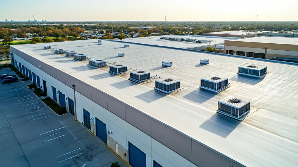 A commercial roof on a distribution center in a location similar to Dallas with a cross-processed look aesthetic (AI image)