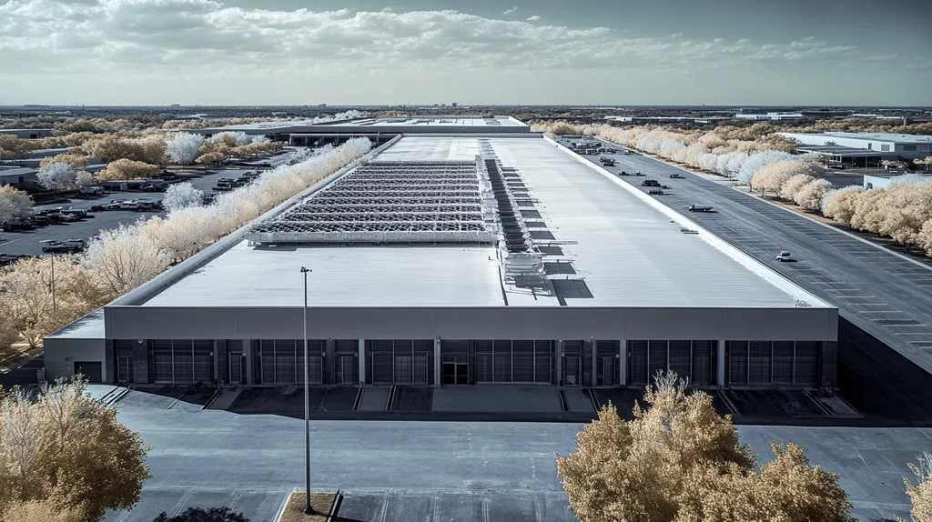 A commercial roof on a distribution center in a location similar to Dallas with an infrared photography aesthetic (AI image)