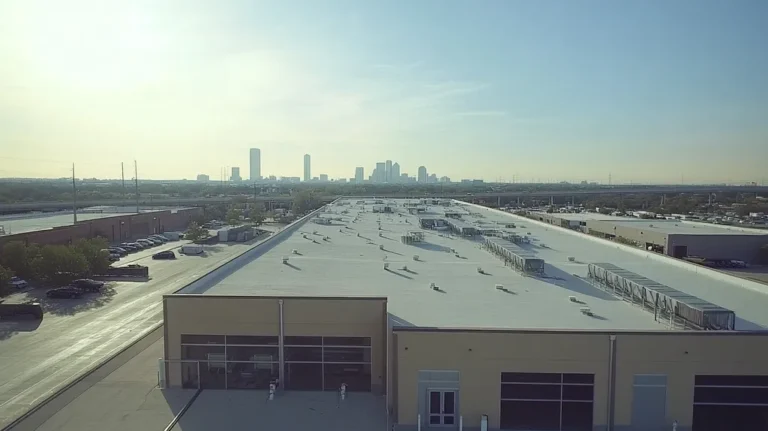 A commercial roof on a distribution center in a location similar to Dallas with an urban context aesthetic (AI image)