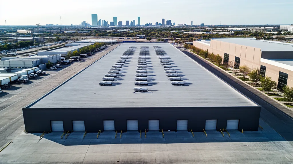 A commercial roof on a distribution center in a location similar to Dallas with an urban context aesthetic (AI image)