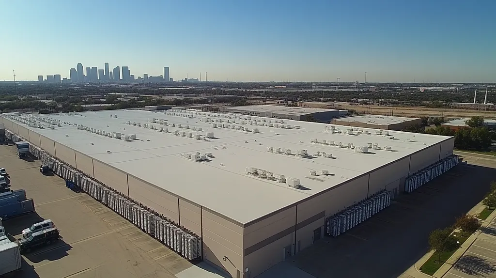 A commercial roof on a distribution center in a location similar to Dallas with an urban context aesthetic (AI image)