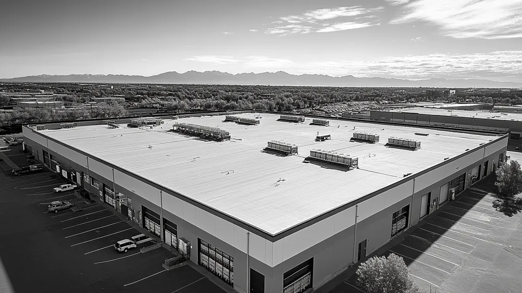 A commercial roof on a distribution center in a location similar to Denver with a black and white photography aesthetic (AI image)