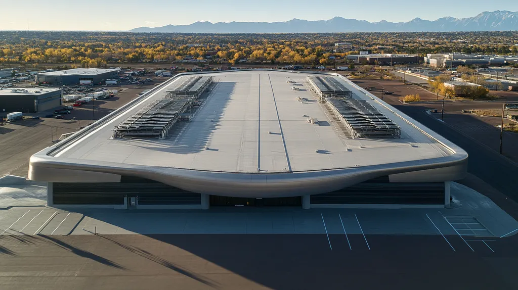 A commercial roof on a distribution center in a location similar to Denver with a futuristic aesthetic (AI image)