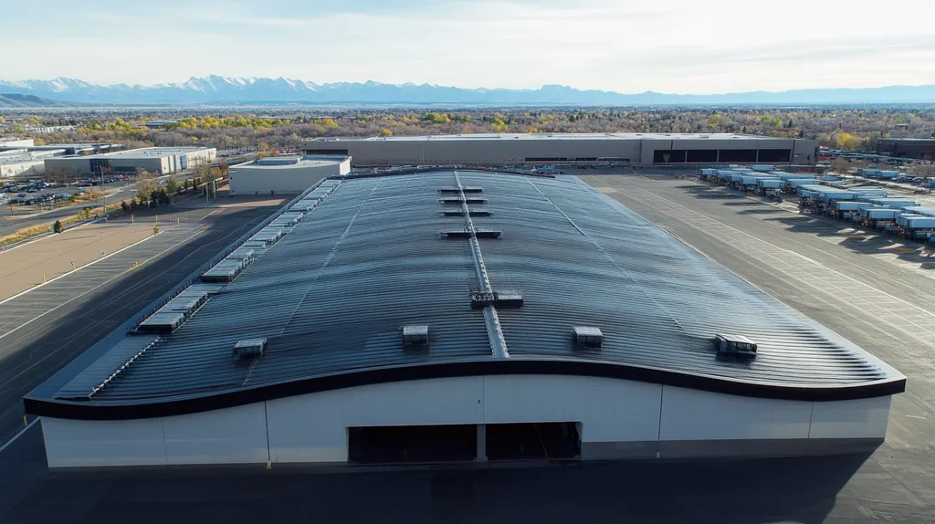 A commercial roof on a distribution center in a location similar to Denver with a futuristic aesthetic (AI image)