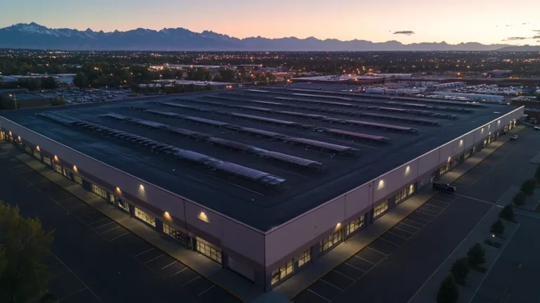 A commercial roof on a distribution center in a location similar to Denver with an illuminated nightscape aesthetic (AI image)