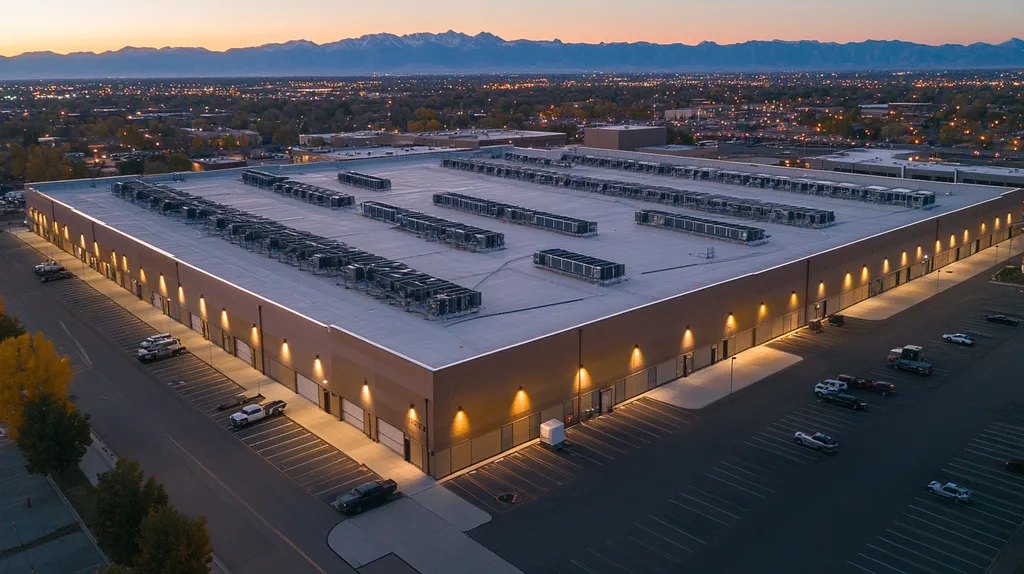 A commercial roof on a distribution center in a location similar to Denver with an illuminated nightscape aesthetic (AI image)