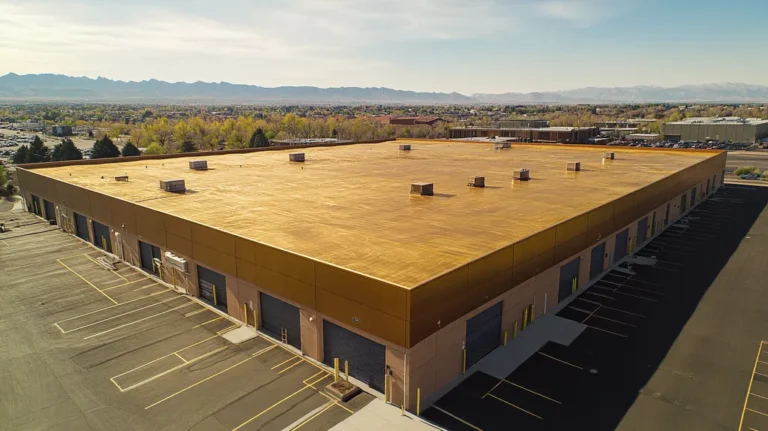 A commercial roof on a distribution center in a location similar to Denver with a solid gold aesthetic (AI image)