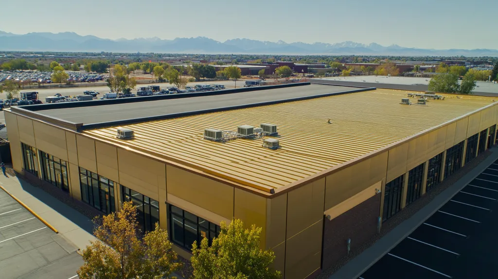 A commercial roof on a distribution center in a location similar to Denver with a solid gold aesthetic (AI image)