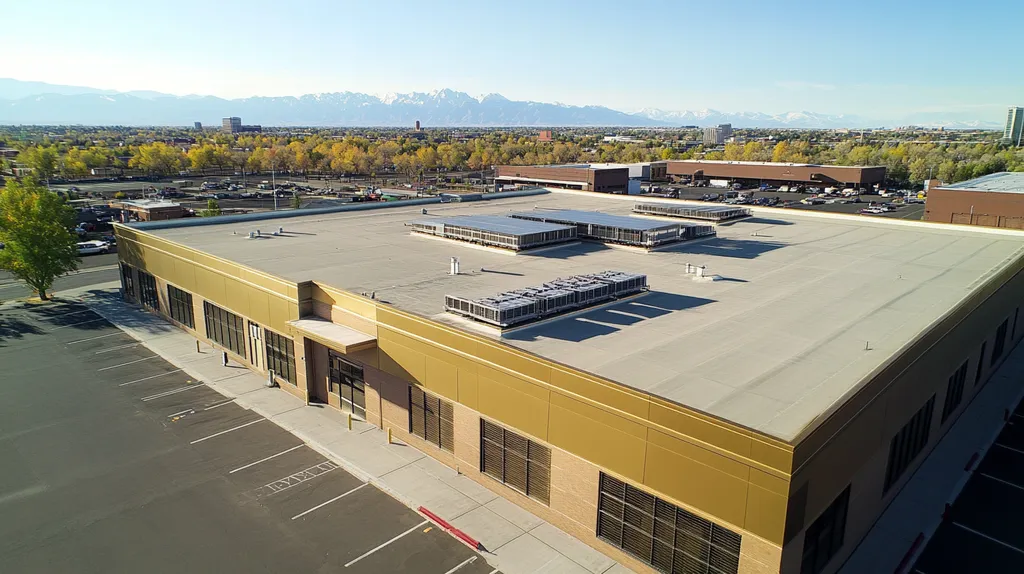 A commercial roof on a distribution center in a location similar to Denver with a solid gold aesthetic (AI image)