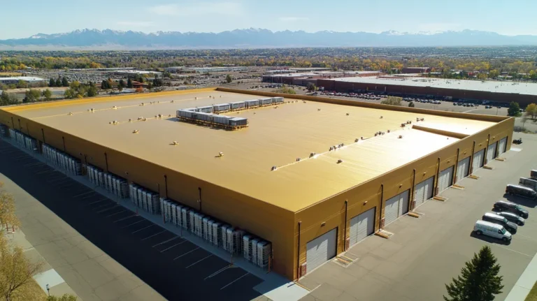A commercial roof on a distribution center in a location similar to Denver with a solid gold aesthetic (AI image)