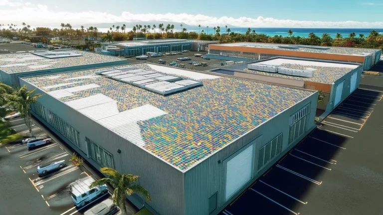 A commercial roof on a distribution center in a location similar to Honolulu with a mosaic tile art aesthetic (AI image)