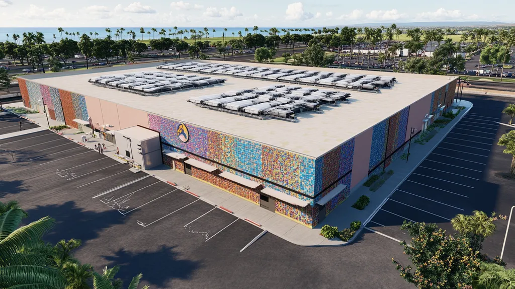 A commercial roof on a distribution center in a location similar to Honolulu with a mosaic tile art aesthetic (AI image)