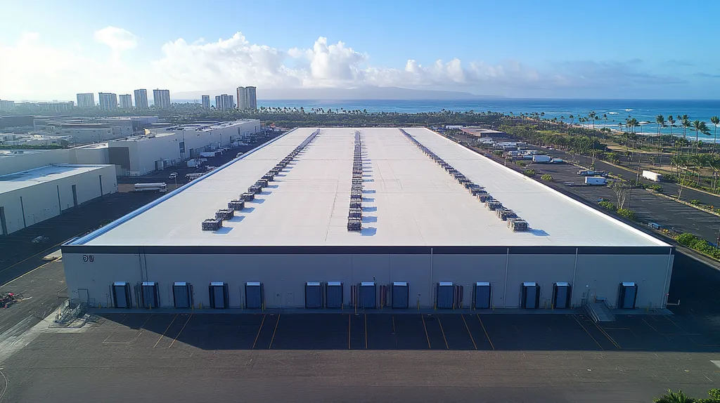 A commercial roof on a distribution center in a location similar to Honolulu with an urban context aesthetic (AI image)