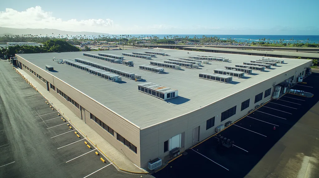 A commercial roof on a distribution center in a location similar to Honolulu with an urban context aesthetic (AI image)