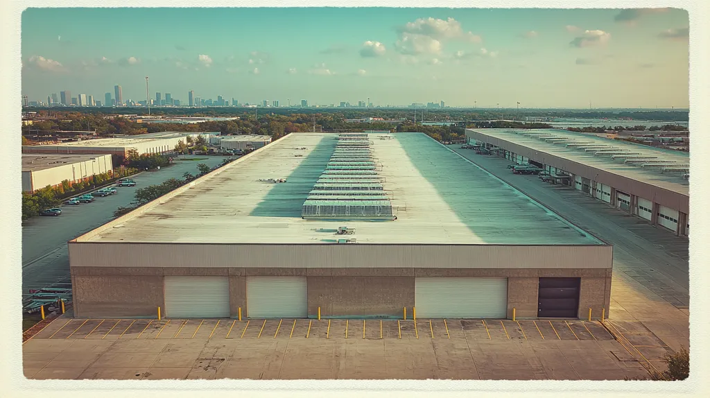 A commercial roof on a distribution center in a location similar to Houston with a Polaroid aesthetic (AI image)