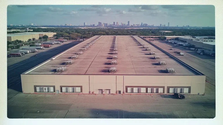 A commercial roof on a distribution center in a location similar to Houston with a Polaroid aesthetic (AI image)