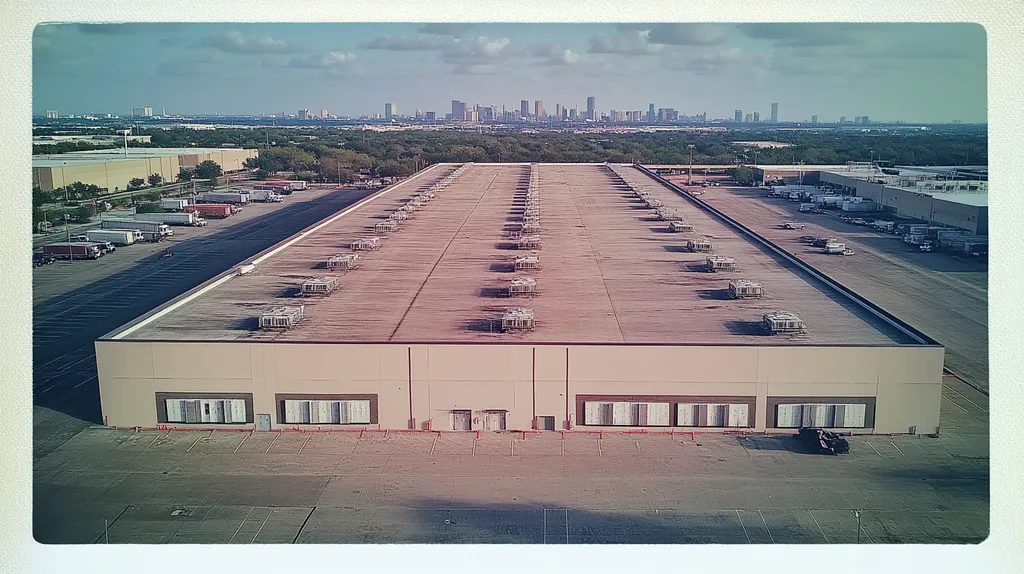 A commercial roof on a distribution center in a location similar to Houston with a Polaroid aesthetic (AI image)