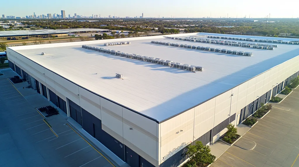 A commercial roof on a distribution center in a location similar to Houston with an architectural photography aesthetic (AI image)