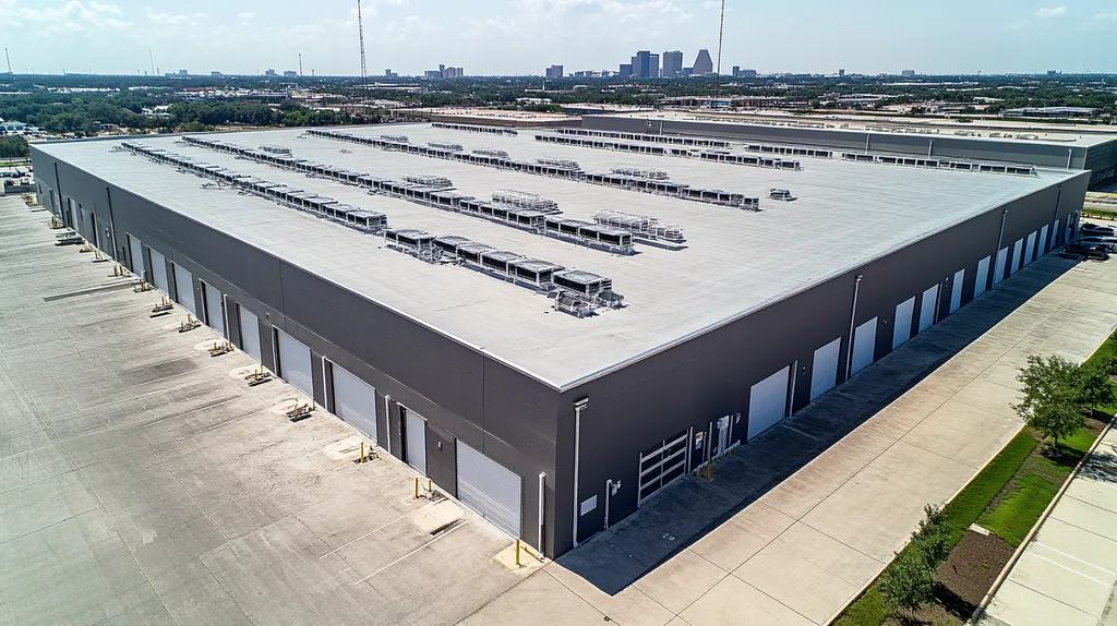 A commercial roof on a distribution center in a location similar to Houston with an architectural photography aesthetic (AI image)