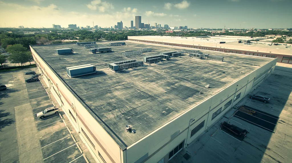 A commercial roof on a distribution center in a location similar to Houston with a cross-processed look aesthetic (AI image)