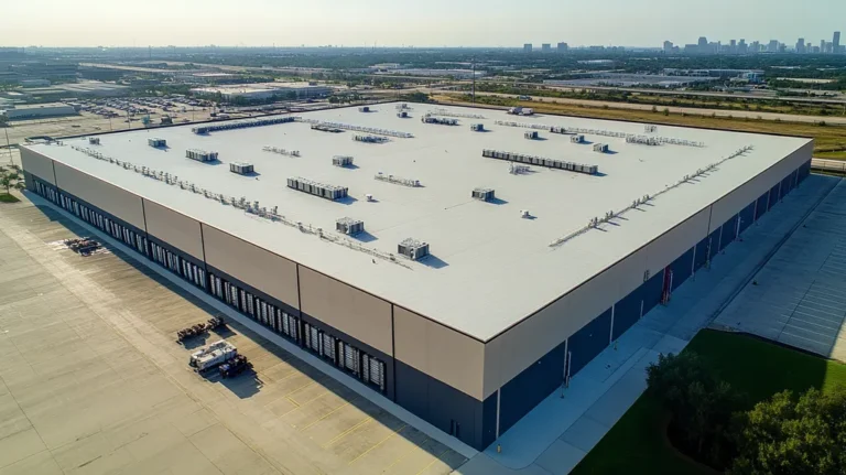 A commercial roof on a distribution center in a location similar to Houston with a cross-processed look aesthetic (AI image)