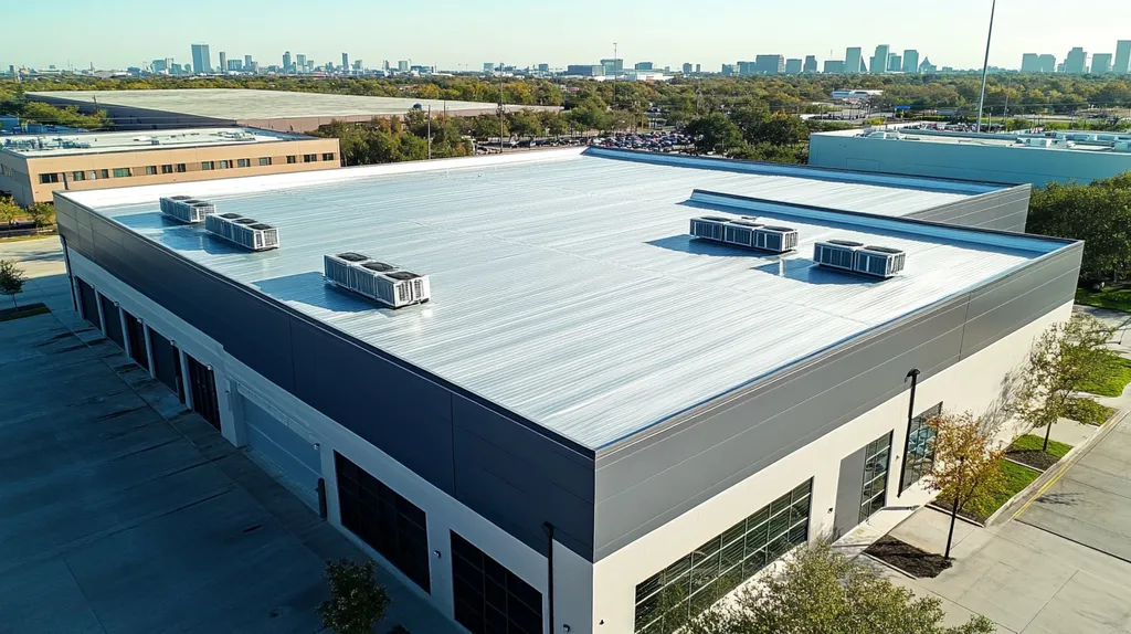 A commercial roof on a distribution center in a location similar to Houston with a stainless steel aesthetic (AI image)