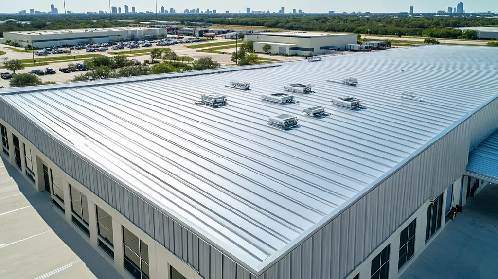 A commercial roof on a distribution center in a location similar to Houston with a stainless steel aesthetic (AI image)