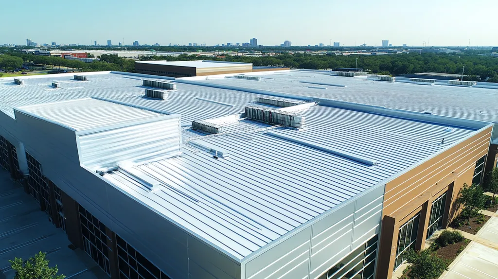 A commercial roof on a distribution center in a location similar to Houston with a stainless steel aesthetic (AI image)