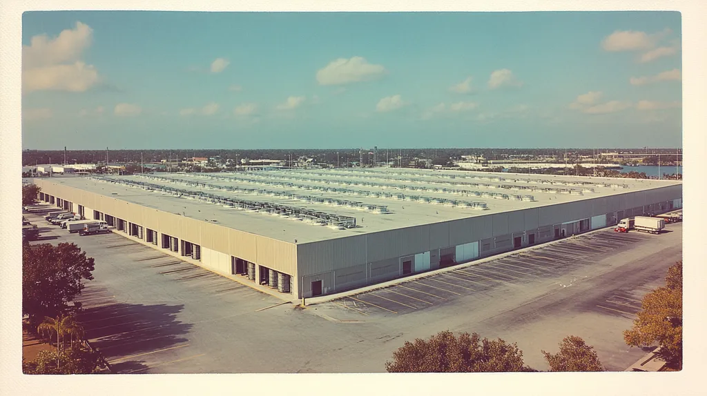 A commercial roof on a distribution center in a location similar to Jacksonville with a Polaroid aesthetic (AI image)