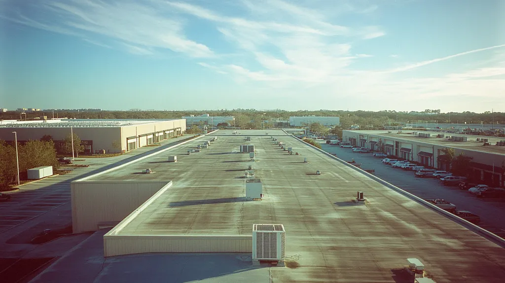 A commercial roof on a distribution center in a location similar to Jacksonville with a Polaroid aesthetic (AI image)