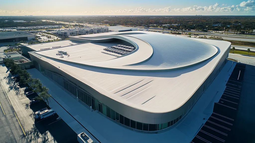 A commercial roof on a distribution center in a location similar to Jacksonville with a futuristic aesthetic (AI image)