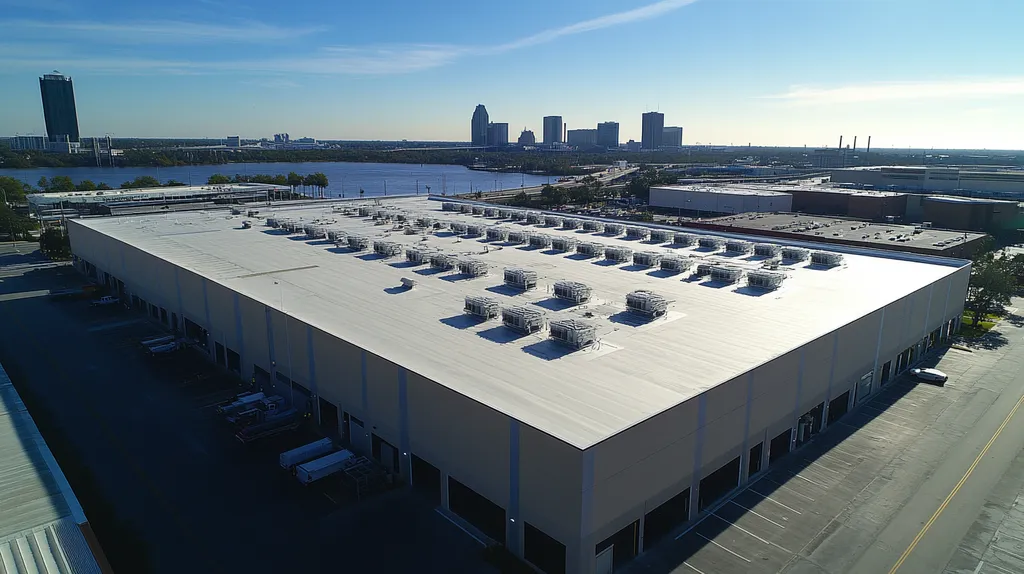 A commercial roof on a distribution center in a location similar to Jacksonville with an urban context aesthetic (AI image)