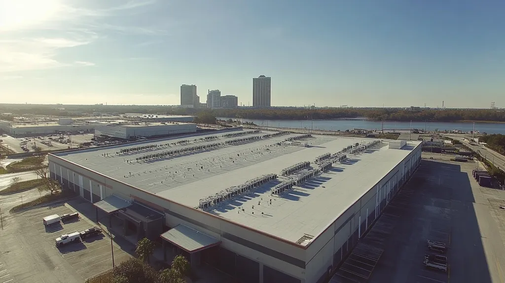 A commercial roof on a distribution center in a location similar to Jacksonville with an urban context aesthetic (AI image)