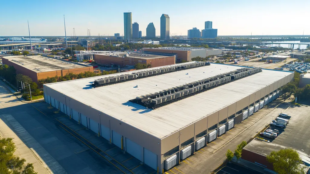 A commercial roof on a distribution center in a location similar to Jacksonville with an urban context aesthetic (AI image)