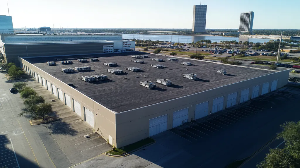 A commercial roof on a distribution center in a location similar to Jacksonville with an urban context aesthetic (AI image)